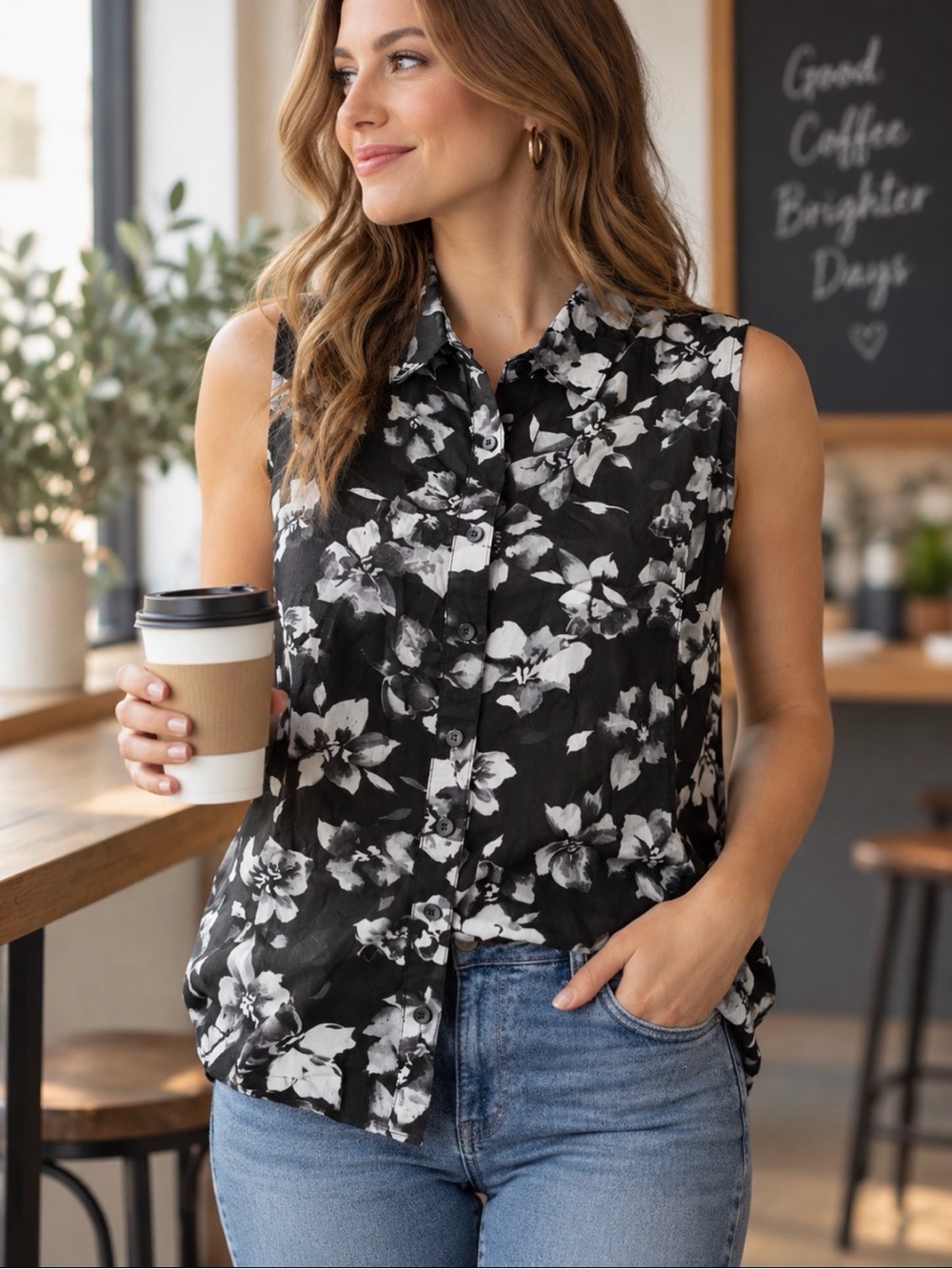 Coldwater Creek 100% Cotton Black White Floral Sleeveless Cotton Coldwater Creek
